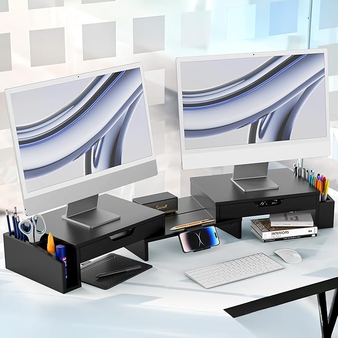 Simple Houseware Desk Dual Monitor Stand Riser with Pull-Out Drawers, Black