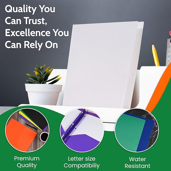 24 Pack Assorted Colors Plastic Folders with Pockets Heavy Duty. 2 Pocket Folder no Prongs Bulk. Tear-Resistant Letter Size 8.5x11. Presentation Ready School and Office Supplies