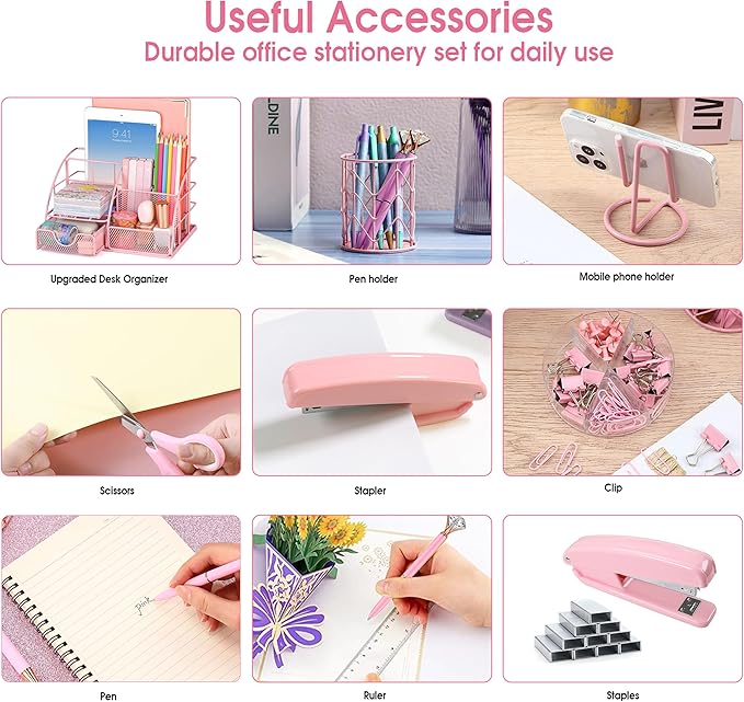 Pink Desk Organizers and Accessories Office Supplies Set Stapler, Pen Holder, Phone Holder, Scissors, Pen, Ruler, 30 Paper Clips, 22 Binder Clip, 20 Tacks and 1000pcs Staples