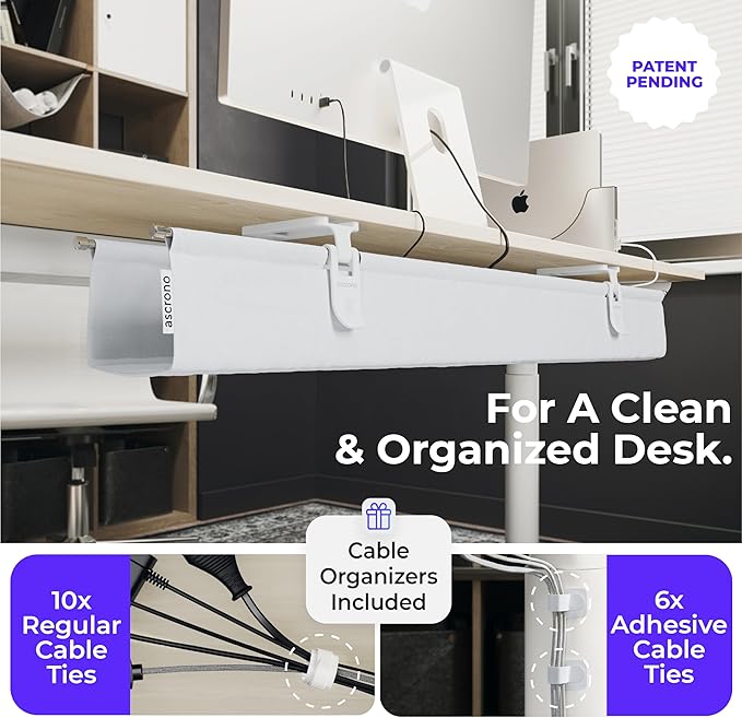 Ascrono Original No Drill Under Desk Cable Management Tray 40.6" - Premium White Fabric Cable Management Under Desk - Clamp/Screw Mount Cord Organizer - Supports Upto 66lbs - Large