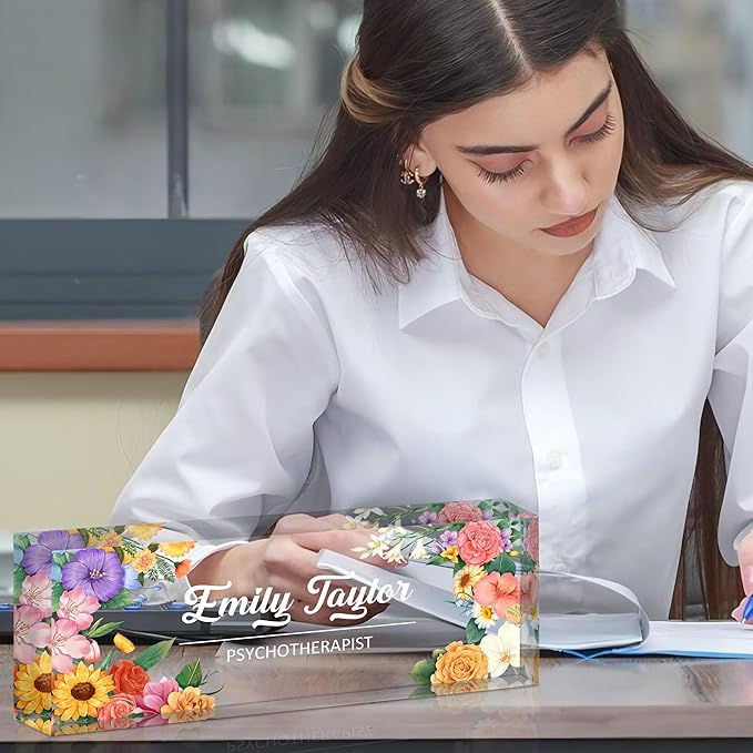 Ship Next Day Personalized Name Plate for Desk, Custom Acrylic Desk Name Sign, Office Appreciation Gifts for Women Men Coworkers Boss Teacher Employee (Flower)