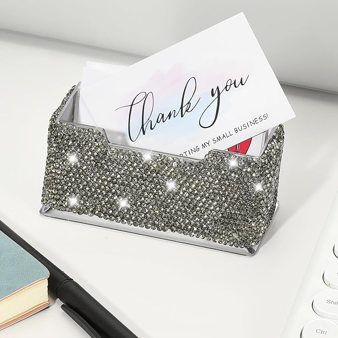 PATIKIL Rhinestone Business Card Holder, Crystal Business Card Holders Bling Business Card Organizer Display Stand for Desktop Desk Office Exhibition, Grey