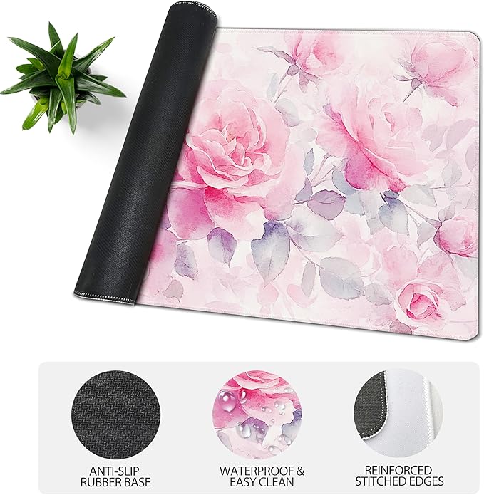 31.5”x11.8”Large Gaming Mouse Pad for Desk, Mouse Mat with Seamed Edges, Waterproof Desk Pad, Non-Slip Rubber Base, Keyboard Pad Computer Mat, Big XL Mousepad-Pink Roses Watercolor