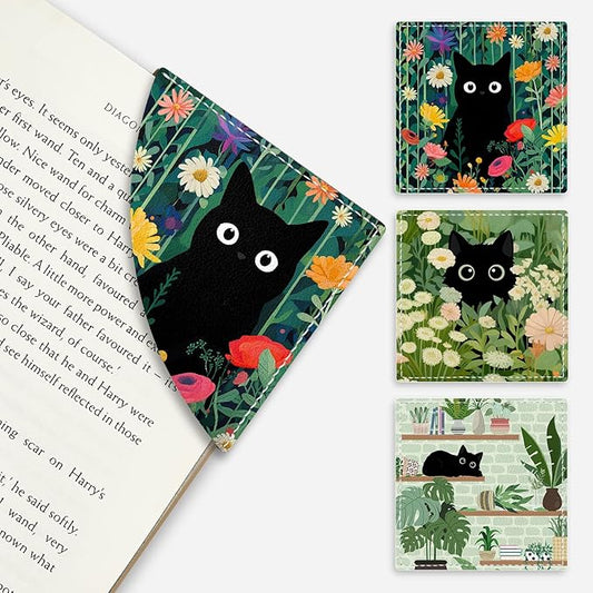 Cute Black Cat Floral Corner Bookmarks, Funny Leather Book Accessories for Book Lovers, 3 Pcs Reading Book Page Markers for Women Men Student Teacher Girls Boys Retirement Birthday Gifts