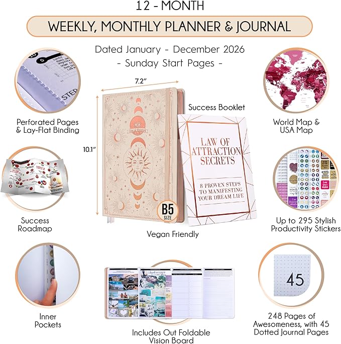 2026 Planner Weekly and Monthly | Law of Attraction Planner with Panduo App | A 12 Month Journey for Productivity, Gratitude & Goal Setting | Includes Foldable Vision Board, Gift Box & Stickers