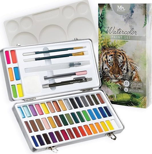MozArt Supplies - Watercolor paint set 51 Vibrant Colors + accessories - For beginners & professionals
