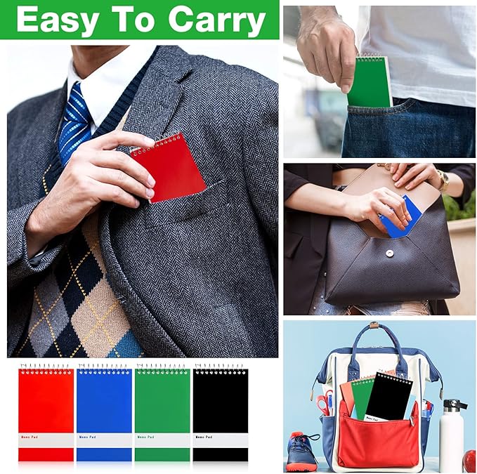 Thenshop 148 Pads Spiral Memo Bulk 3'' x 5'' Top Bound Memo Book 60 Sheets Small Mini Notebooks Lined Wire Bound Pocket Steno Book for Home, Office, School (Black,Green,Dark Blue,Red)