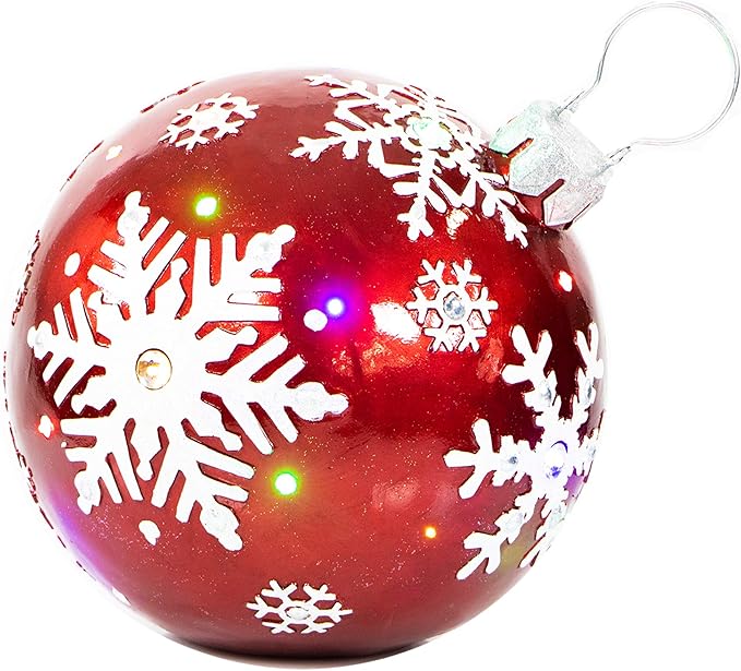 Fraser Hill Farm FFRS018-ORN1-RD Indoor/Outdoor Oversized Jeweled Ball Ornament w/Long-Lasting LED Lights, Red Holiday Decoration, 18"