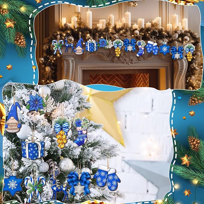 Huwena 36 Pcs Blue Christmas Wooden Ornaments Blue Christmas Decorations for Tree Snowman Gnomes Poinsettia Flowers Truck Wreath Wood Cutouts Tags with Ropes Winter Decor for Xmas Tree Gifts