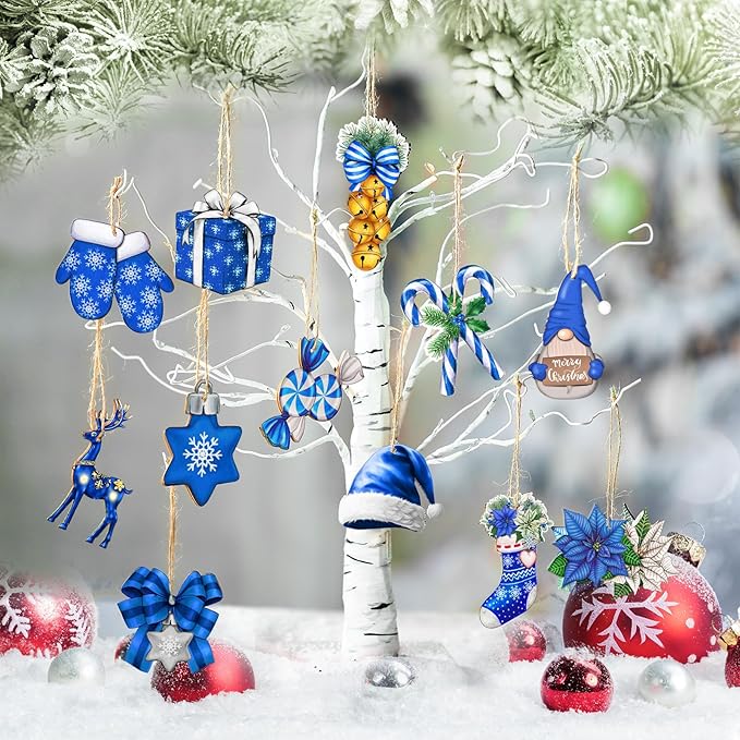 Huwena 36 Pcs Blue Christmas Wooden Ornaments Blue Christmas Decorations for Tree Snowman Gnomes Poinsettia Flowers Truck Wreath Wood Cutouts Tags with Ropes Winter Decor for Xmas Tree Gifts