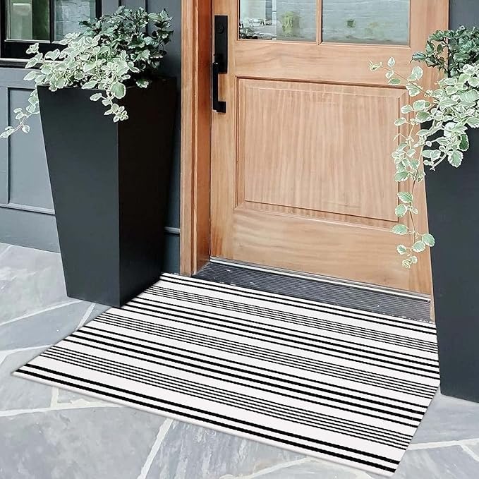 OJIA Christmas Front Door Mats Outdoor 24"x35", Cotton Woven Holiday Doormat Front Door Rug Washable Indoor Door Mat Black and White Outdoor Rugs Striped Rug for Porch Decor/Farmhouse/Entryway