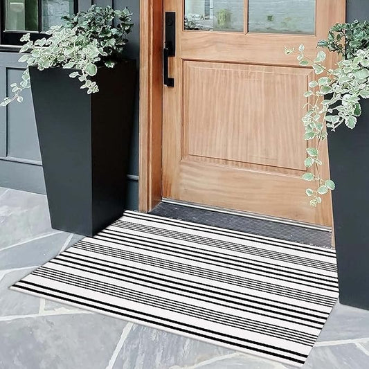 OJIA Christmas Front Door Mats Outdoor 24"x35", Cotton Woven Holiday Doormat Front Door Rug Washable Indoor Door Mat Black and White Outdoor Rugs Striped Rug for Porch Decor/Farmhouse/Entryway
