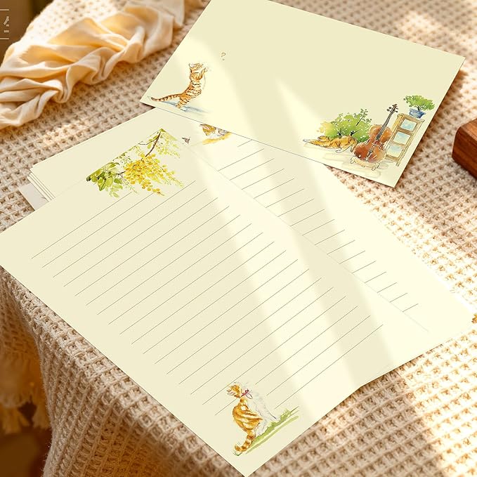 36PCS Cat Theme Stationery Set, Warm Yellow Healing Style Letter Writing Paper with Cute Kitty Illustrations and Envelopes for Letters, Invitations, Holiday Greetings, Party Notes and Gifts