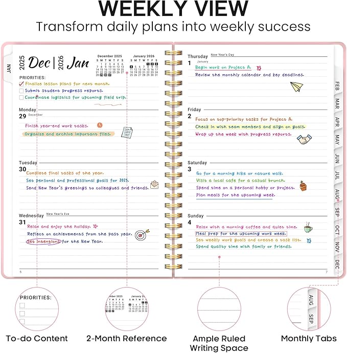 2026 Planner, Weekly and Monthly Calendar Planner Book, January 2026 - December 2026, Hardcover Spiral Planner with Monthly Tabs, Notes Pages, Perfect for Women & Men, A5 (6.4" x 8.5") - Pink
