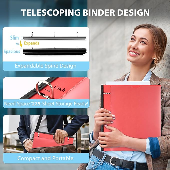 WOT I Telescoping 3 Ring Binder 1 Inch 12-Pack, Expandable Flexible Binder - Patented Design for Easy Portability, Holds 225 Sheets, 4 Bright Colors for School, Office&Home Organization