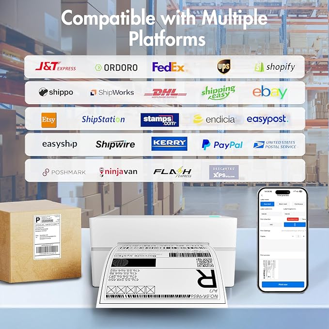 Bluetooth Thermal Shipping Label Printer: 4x6 Wireless Label Maker with Tape for Small Business - Compatible with iPhone, Android, Windows & Mac, Widely Used for USPS UPS Ebay Amazon Shopify, White