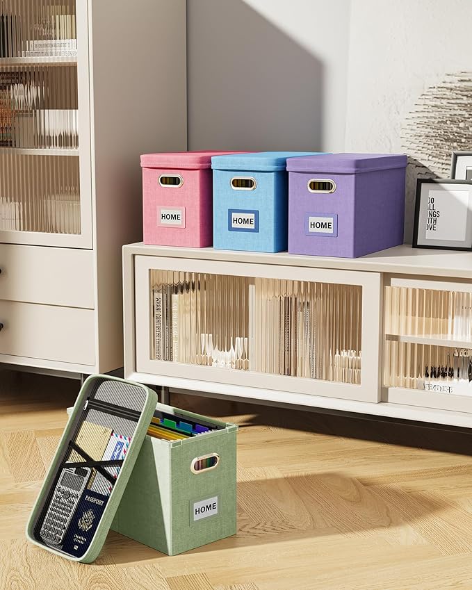 Oterri Hanging Filing File Box with Mesh Pocket, File Organizer Box with Lid, Collapsible Document Organizer Box for Letter Size, Easy Slide Durable Storage Box for Office/Decor/Home (2 PCS, Green)