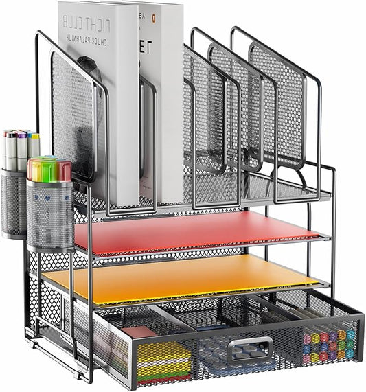 Marbrasse Desk Organizers, 4-Tier Mesh Desk File Organizer with 5 Vertical File Holders and 2 Pen Holders, Multifunction Desktop Organizer,Desk Organizers and Accessories for Home Office (Gray)