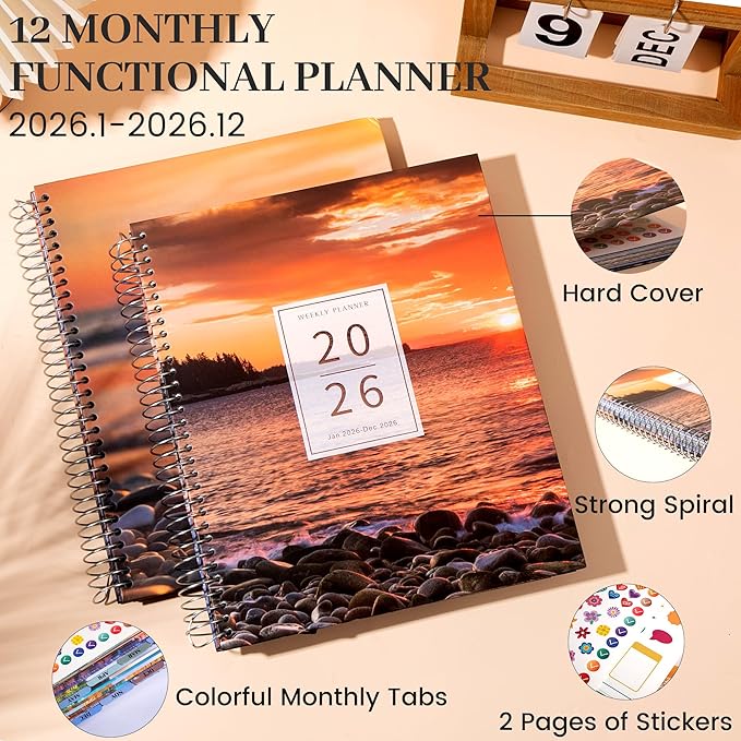 CAGIE 2026 planner Weekly and Monthly Jan 2026-Dec 2026 Hardcover Hourly Daily Planners for Women 26 Calendar Planner with Stickers Spiral Bound Yearly Agenda, 8.5 x 11