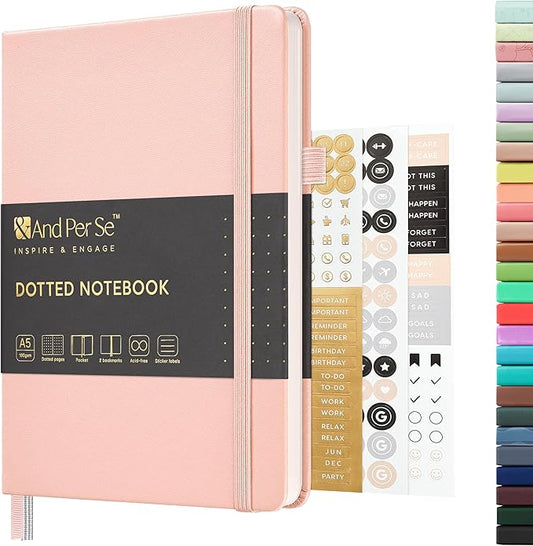 &And Per Se Dotted Journal Notebook, A5 Hardcover Leather Bullet Dotted Journal, 160 Pages 100 gsm Thick Paper，3 Sheets of Stickers Included - 5.7'' x 8''（Pink）