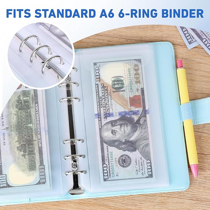 Antner 12PCS A6 Binder Pockets 6-Hole No Zipper Budget Cash Envelopes for Money Organizer, Zipless A6 Planner Inserts Cash Stuffing Envelopes Binder Pouches Folders Loose Leaf Filling Document Bags