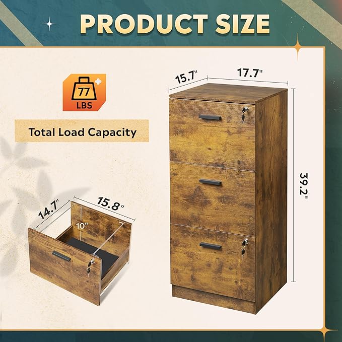 DEVAISE 3 Drawer File Cabinet with Lock, Vertical Wood Filing Cabinet for Home Office, Printer Stand for Letter and A4 Size, Rustic Brown