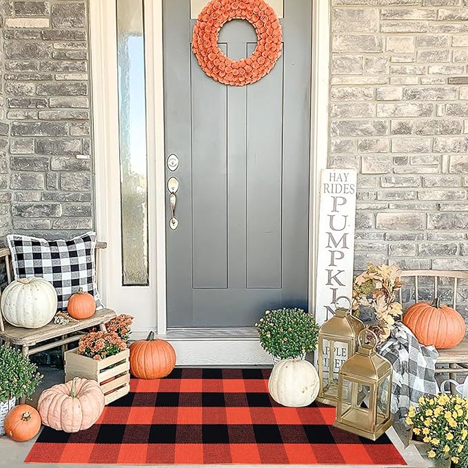 Buffalo Plaid Outdoor Rugs, 2'x4'3'' Orange and Black Checkered Indoor/Outdoor Area Rug, Layering Rug for Hello/Welcome Door Mat, Washable Cotton Woven Farmhouse Mat for Fall Front Porch Décor