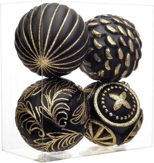 Hollyone 4.7 Inch Large Black and Gold Christmas Ornaments 4Pcs Christmas Tree Balls Shatterproof Christmas Ornaments for Xmas Tree Decor for Holiday Party Wreath Home Decor (Black & Gold, 120mm)