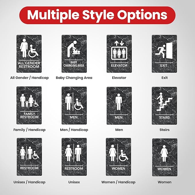 Promot Men and Women Restroom Sign – ADA Braille Bathroom Sign for Business, Self-Adhesive, 9" x 6", Commercial Door Signage, Office Wall Decor - Marble Charcoal