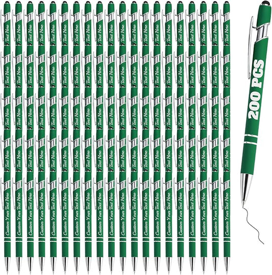 Personalized Pens Bulk 200 with Name Custom Engraving Ballpoint Pens with Stylus Tip Customized Smooth Writing Pens Personalized Gifts for Anniversary Birthday or Graduation(Dark Green,Black Ink)