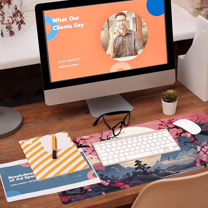 Pink Cherry Blossom Tree Desk Pad, Mountains and Sun Large Gaming Mouse Mat, Extended Big Computer Keyboard Pad With Non-Slip Base and Stitched Edge, 31.5"x11.8"