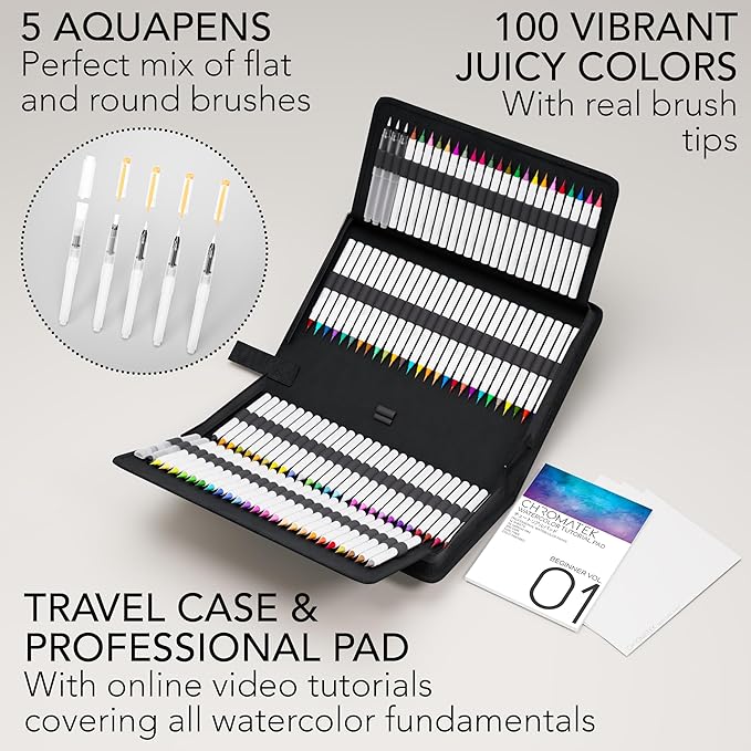 CHROMATEK 108 Watercolor Pens Set | Including 15 Page Pad & Online Video Tutorial Series | 5 Aquapens & 100 Unique Colors | Real Brush Pens | Easily Blendable, Vivid and Smooth