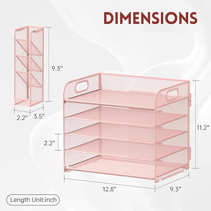 SUPEASY 5 Tier Desk Organizer with Handle & Removable Pen Holders, Mesh Paper/File Organizer for Desk, Paper Letter Tray Organizer for Office Supplies (Pink)