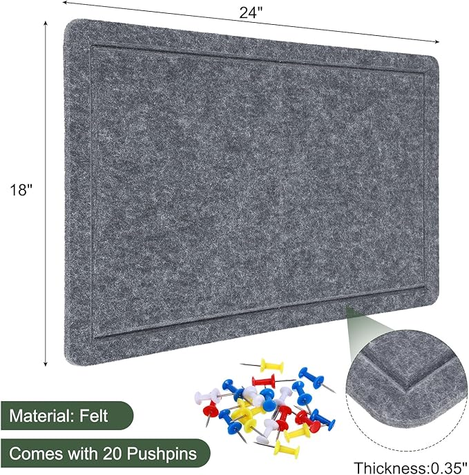 YOKIVE Felt Bulletin Board, 24 x 18 -Inch Foldable Decorative Pin Board Self Adhesive Felt Cork Board with 20 Pushpins, Great for Wall, Photo Display, Paste Note, Schedule(Gray)