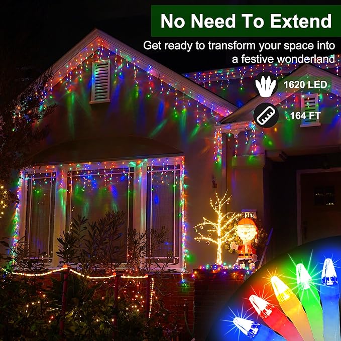 1620 LED Christmas Lights with 360 Drops,164ft 8 Modes Fairy Hanging String Lights with Timer Waterproof, Plug-in Hanging String Lights for Outdoor Holiday Wedding Party Christmas Decor (Multicolor)