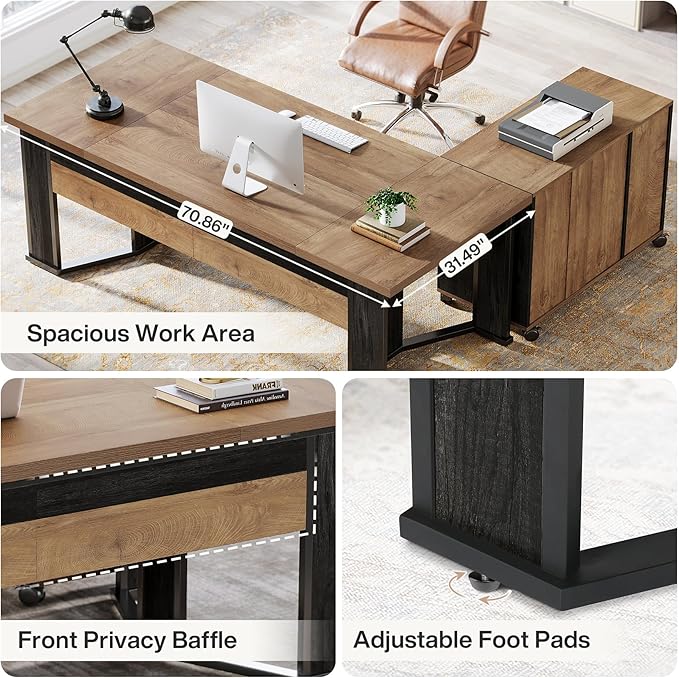 Tribesigns 70.86" Executive Desk with Mobile File Cabinet, Large L Shaped Computer Office Desk with 2 Drawers and Storage Shelves, Business Furniture Desk Workstation for Home Office (Light Brown)
