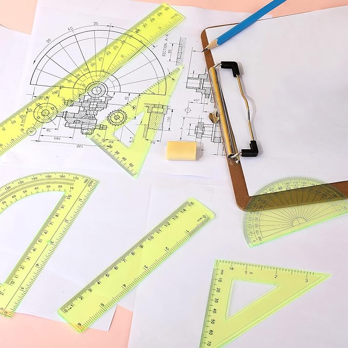 Tenare 1 Set Plastic Clear Math Set Includes Protractor Triangle Rulers 12 Inch 6 Inch Straight Geometry Math Transparent Ruler Measuring Tool for School Office Home Supplies(Yellow)