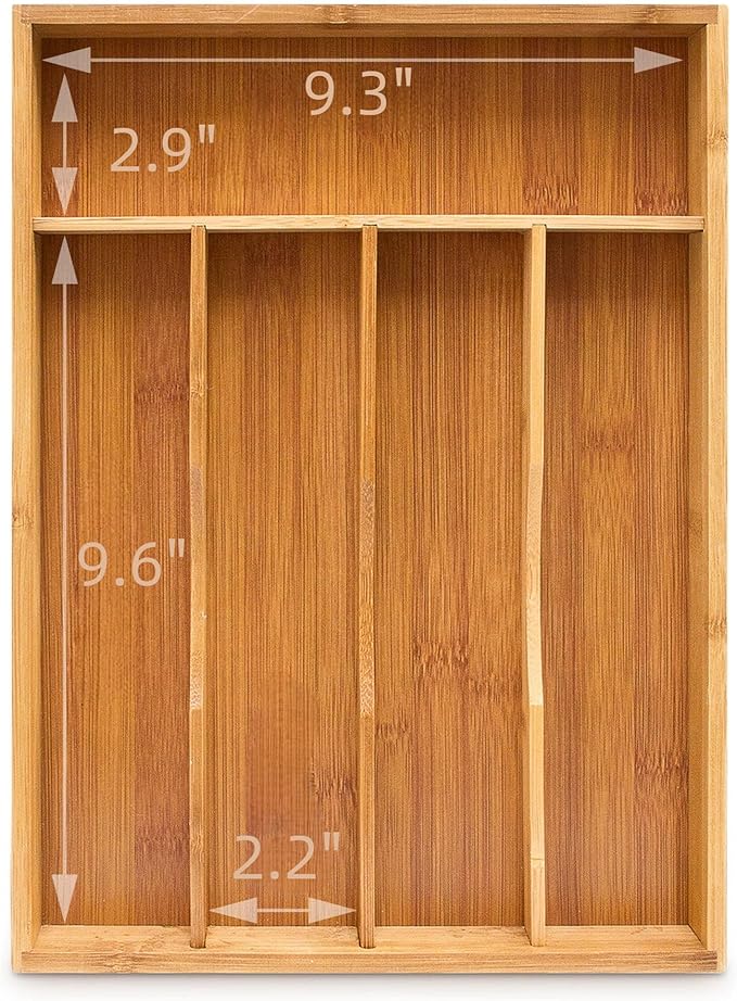 Bamboo Drawer Organizer - Kitchen Utensil Holder, 5 Slots Silverware Drawer Organization, Kitchen Wooden Tray for Cutlery, Flatware & Stationery - Natural