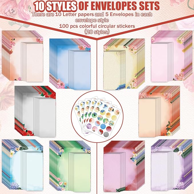 250Pcs Watercolor Stationery Paper and Envelope Set with 100 Letterhead Papers and 50 Envelopes, 10 Design for Letter Writing,Invitations Computer Holidays Party Notes, 8.5x11 Inch-Floral