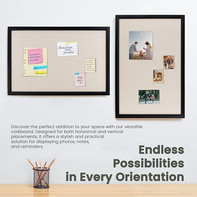 Bulletin Board Cork Board with Linen, 100% Wood Framed 24" x 36" Bulletin Board Decorations, Pin Boards for Walls, Wall Mounted Fabric Picture Board with 10 Pushpins for School, Home & Office, Black
