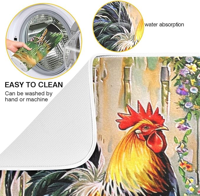 Rooster Flowers Dish Drying Mat 16 X 18 Inch Farm Cock Chick Floral Kitchen Rack Mats Dry Dishes Pads Tableware Mat Absorbent Microfiber Protector for Kitchen Countertops Counter Home Decor