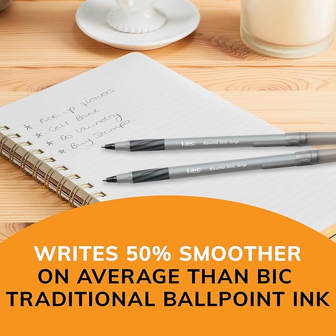 BIC Round Stic Grip Xtra Comfort Fine Blue Ballpoint Pens, Medium Point (0.8 mm), 12-Count Pack, Excellent Writing Pens With Soft Grip for Superb Comfort and Control