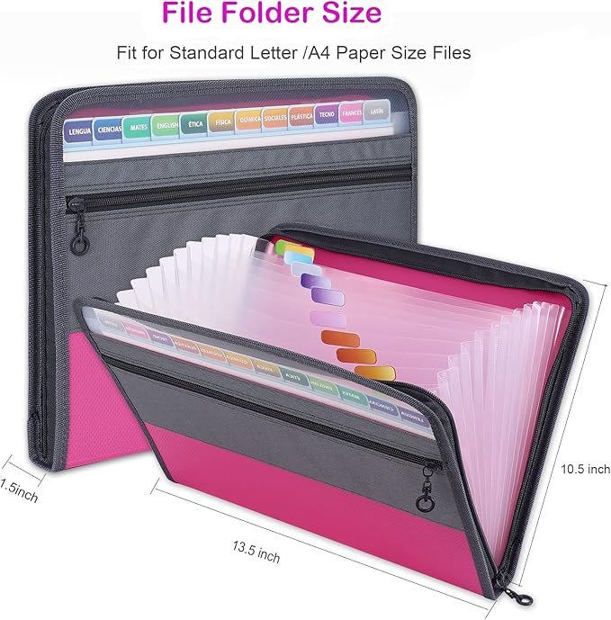 MEGREZ Expanding File Folder with 13 Pockets, A4 Paper File Folder with Zipper Color Labels, Waterproof Accordion File Folder Organizer for Home Office, Pink