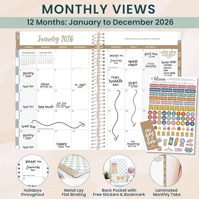bloom daily planners 2026 Planner (January - December) Calendar Year Organizer - 5.5” x 8.25” - Weekly & Monthly Agenda Book with Stickers & Bookmark - Checkered