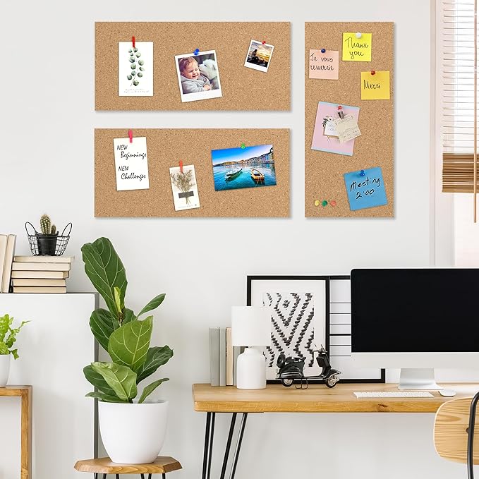 AKTOP Cork Board Bulletin Board 17"x8", 1/2" Thick Cork Board Tiles 6 Pack, Small Pin Board for Wall Decor, Self Adhesive Corkboards with 60 Push Pin Wood Clips for School, Home & Office
