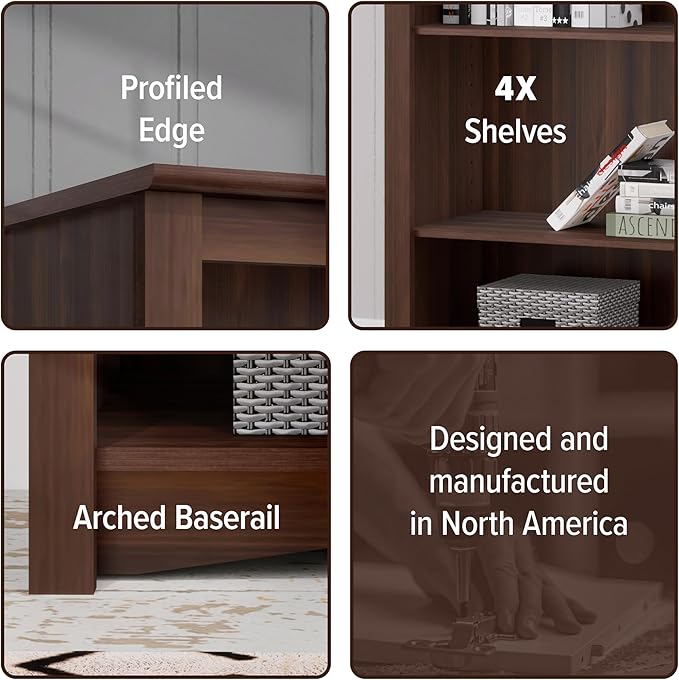 Prepac Sonoma 4-Tier Bookcase 48"H with 3 Adjustable Shelves, Espresso Storage Cabinet, Modern Display Cabinet, Bookshelf with Storage Shelves for Home Office, Living Room, Bedroom Organizer