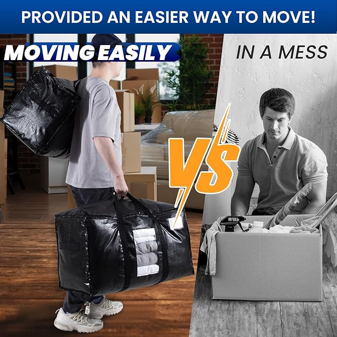 TAILI Extra Large Moving Bags, 8 Pack Black Heavy Duty Totes For Storage with Visible Window, Wrap Around Handles, Storage Bags for Space Saving, Alternative to Moving Boxes