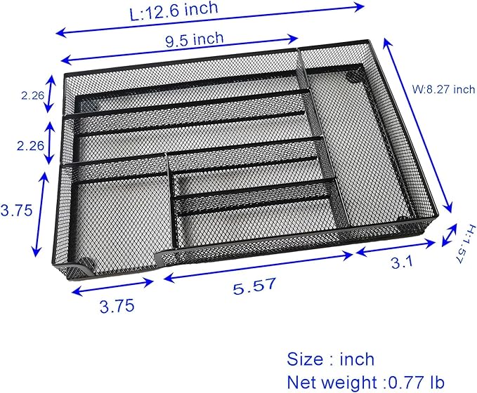 Desk Drawer Organizer Metal Mesh Drawer Organizer Tray for Office School or Home Supplies Desktop Storage Stationery，6 Compartments, 12.6 x 8.27 x 1.57 inch，Black (1pc pack)