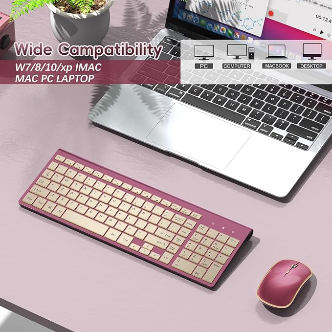 JOYACCESS Wireless Keyboard and Mouse, 2.4g Slim and Ergonomic Wireless Keyboard Mouse Combo- Full Size and Portable Design for Laptop/Windows/Computer-Wine Red Gold