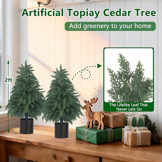 2FT Artificial Topiary Tree with Pot, 2 Pack Fake Evergreen Tree for Porch, Artificial Plants for Outdoor Christmas Home Garden Decor